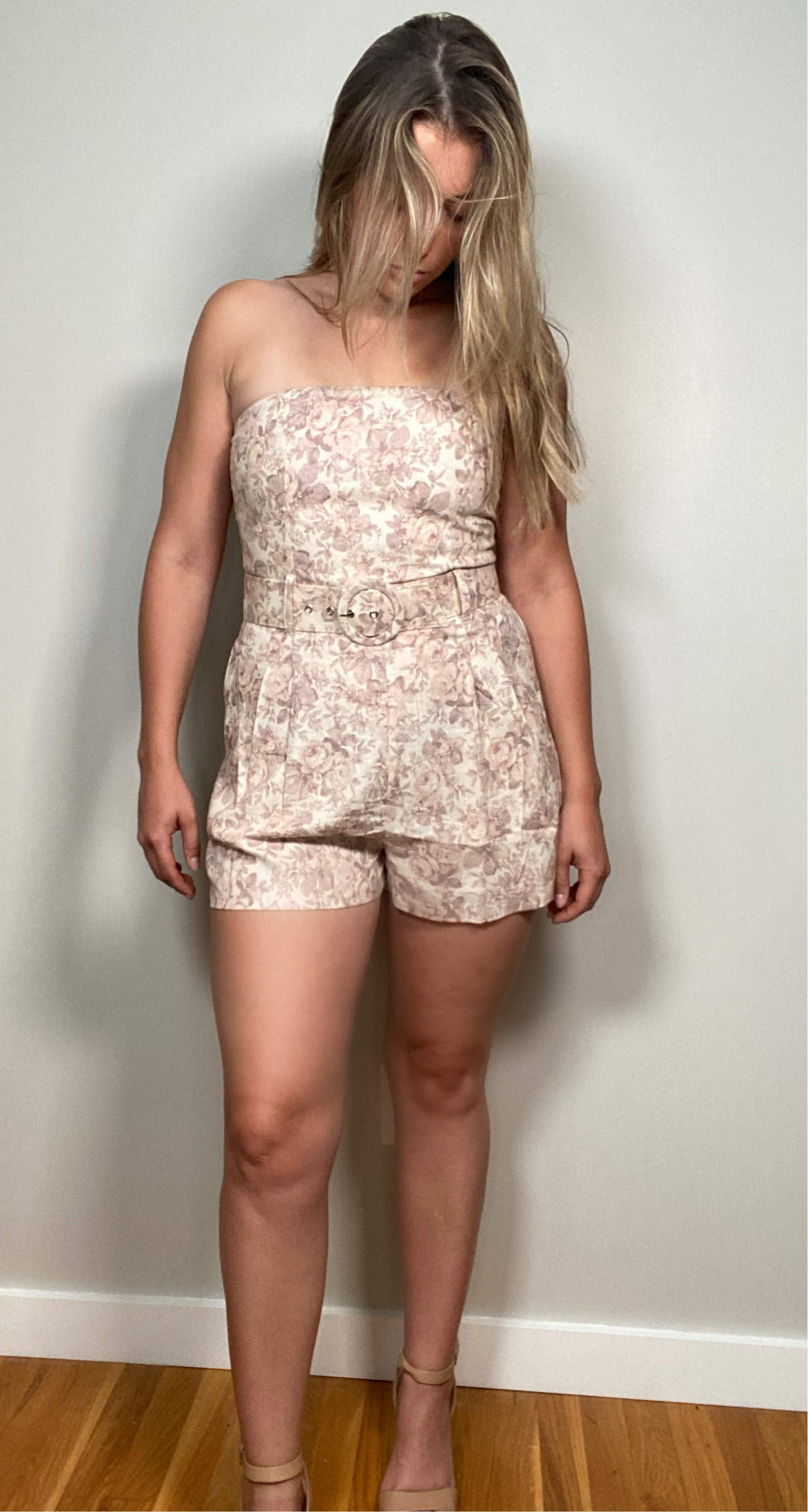 Floral Cape Ann Strapless Belted Woven Romper